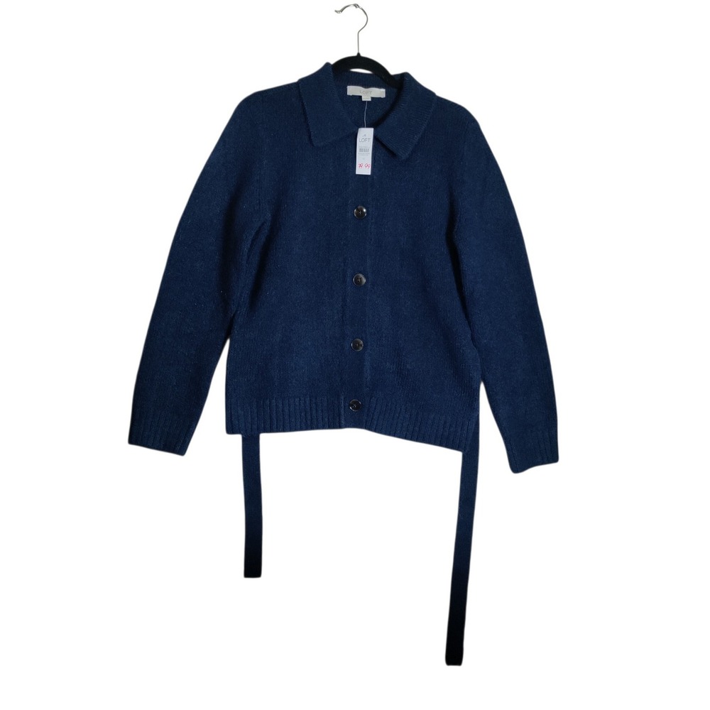 Loft Womens Navy Blue Tie Waist Button Front Collared Cardigan Sweater Size M